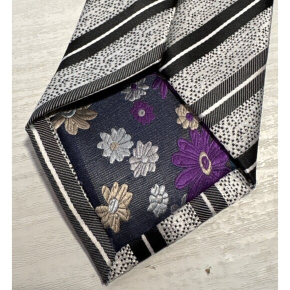 Montbello Italia Tie Striped Black & Silver 100% Silk REPP Neck Tie 60" Italy - Picture 5 of 7